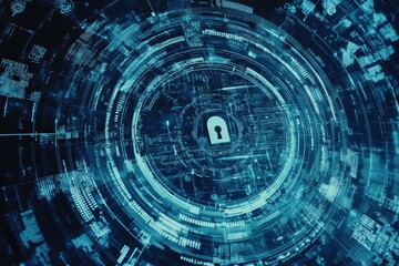 Fototapeta premium Digital abstract representation of cybersecurity with a central lock symbol, showcasing data flow and technology