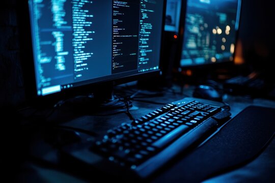 A close-up view of a backlit keyboard and computer monitors displaying code in a dimly lit workspace