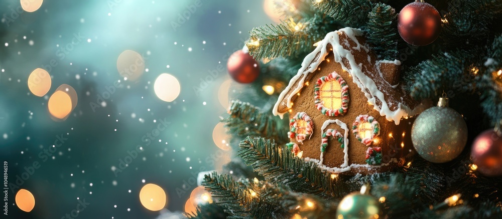 Aufkleber Square seamless background featuring a gingerbread house on a decorated Christmas tree The Idea of Christmas. with copy space image. Place for adding text or design