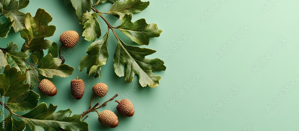 Poster branch featuring green oak tree leaves and acorns on a colored background close up top view. with co