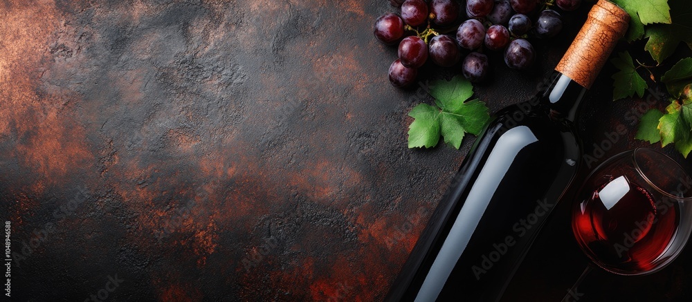 Poster Top view of a red wine bottle Macro selective focus on the cork A wine bottle glass and grapes on a vintage backdrop Copy space wine concept