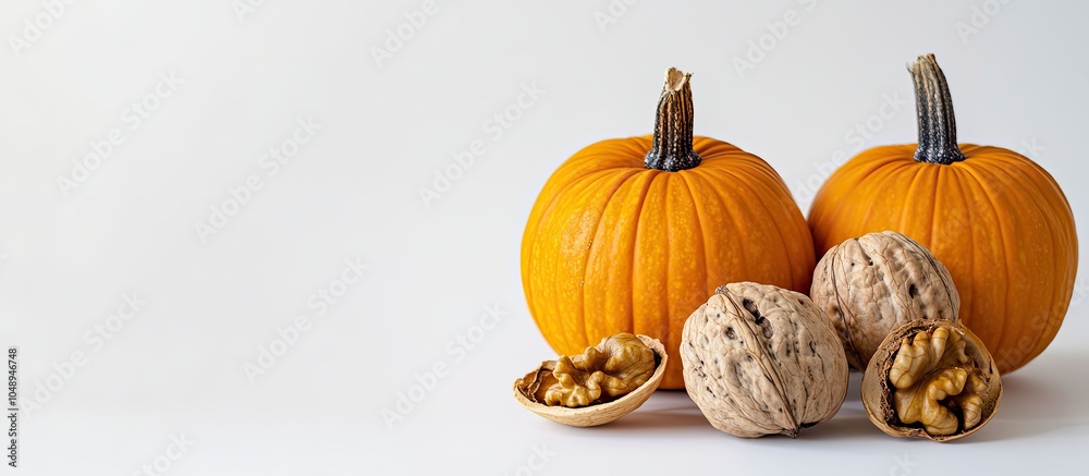 Aufkleber Decorative small pumpkin and walnut shell set against a white background. with copy space image. Place for adding text or design