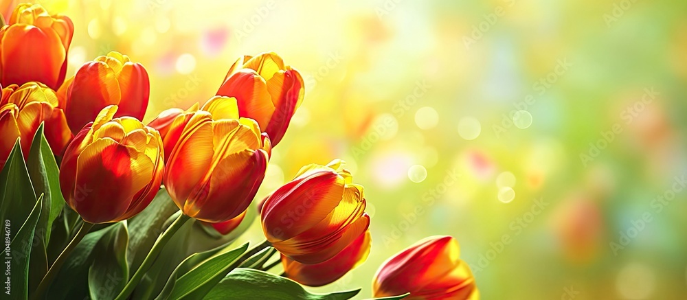 Poster Vibrant colorful tulips spring backdrop Close up. with copy space image. Place for adding text or design