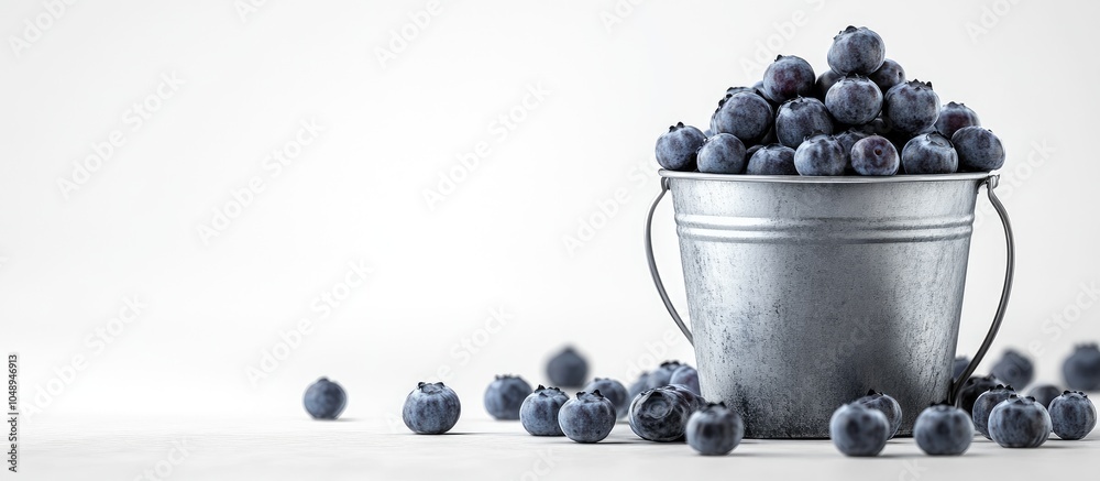 Poster fresh blueberries in a tin bucket. with copy space image. place for adding text or design