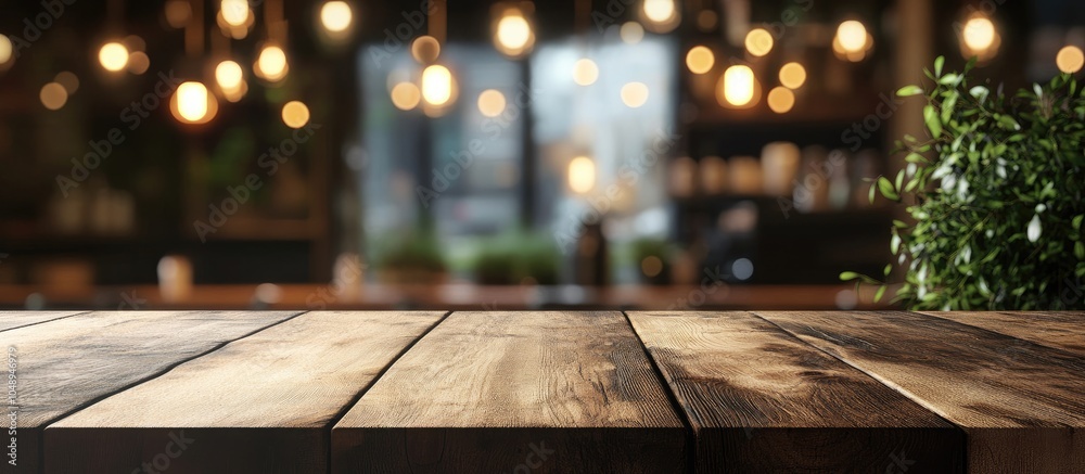 Aufkleber Pattern dot pixelation image of a vacant wooden table and a blurred coffee shop background with bokeh. with copy space image. Place for adding text or design
