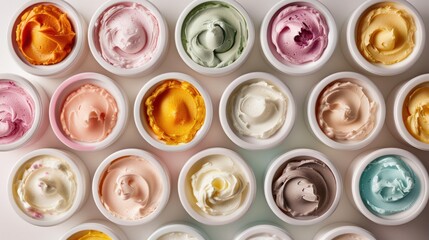 Fototapeta premium Various Colored Swirls of Cream in Round White Containers