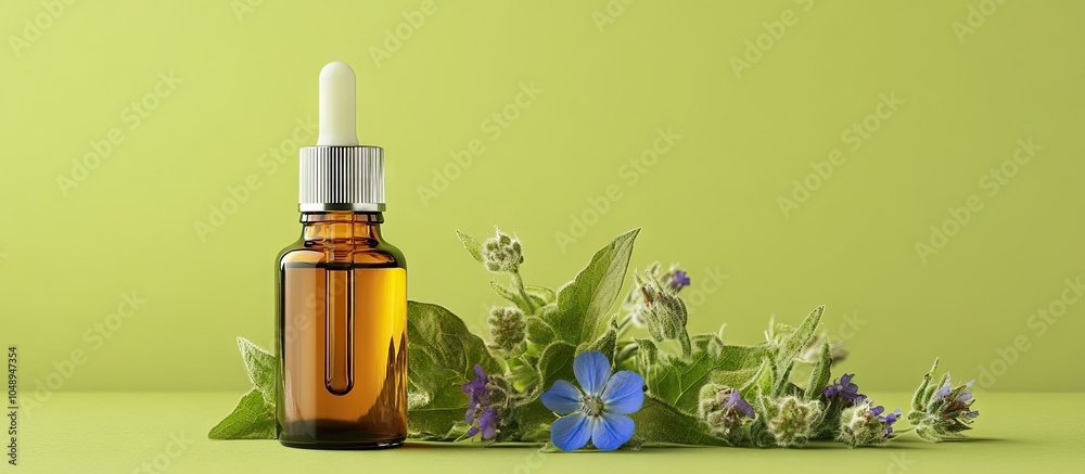 Poster bottle with pipette containing borage oil and borage flowers set against a green background. with copy space image. Place for adding text or design