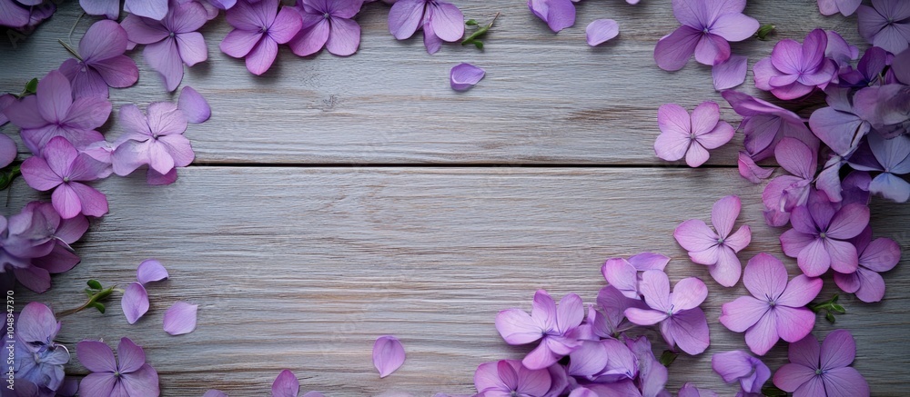 Poster purple flowers on a wooden textured background. with copy space image. place for adding text or desi