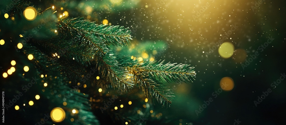 Poster Background of a lit Christmas tree Selective focus Holiday. with copy space image. Place for adding text or design