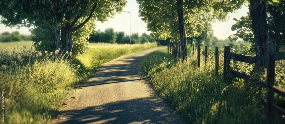 Fototapete Narrow country road alongside trees with an antenna visible in the background during summer. with copy space image. Place for adding text or design