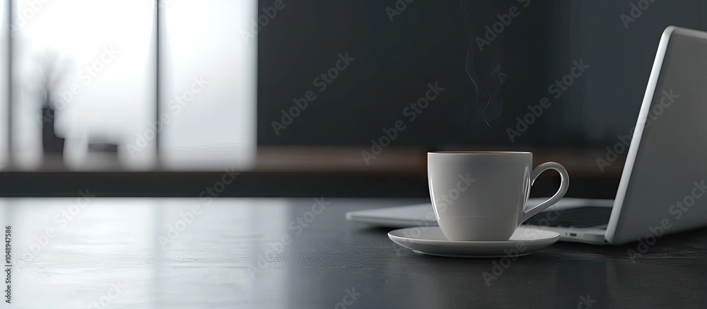 Poster Coffee cup and laptop for professional use with a selective focus on the coffee. with copy space image. Place for adding text or design