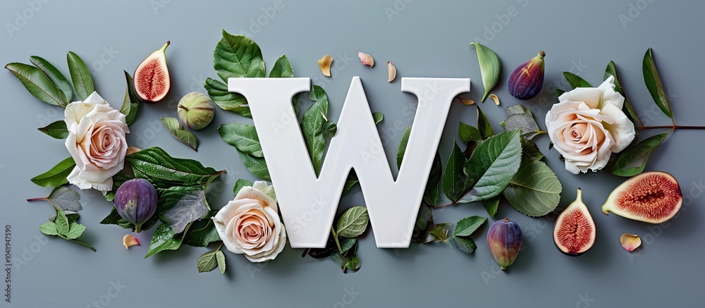 Poster white letter w surrounded by roses figs and green leaves isolated on a grey background. with copy sp