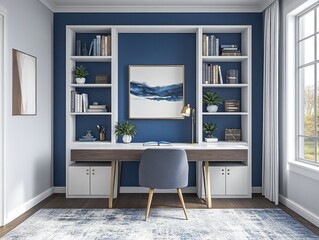 Modern study room featuring a soothing blue accent wall with white shelving and desk