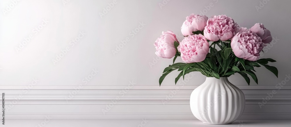 Poster vase containing a bouquet of stunning peonies beside a white wall with space for text. with copy spa