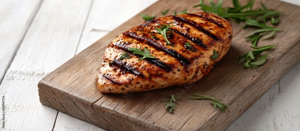 Poster grilled chipotle chicken breast on a rustic wooden board set against a white wooden background viewe