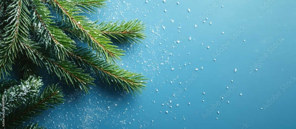 Poster Winter theme A green pine branch is set against a blue background Happy New Year. with copy space image. Place for adding text or design