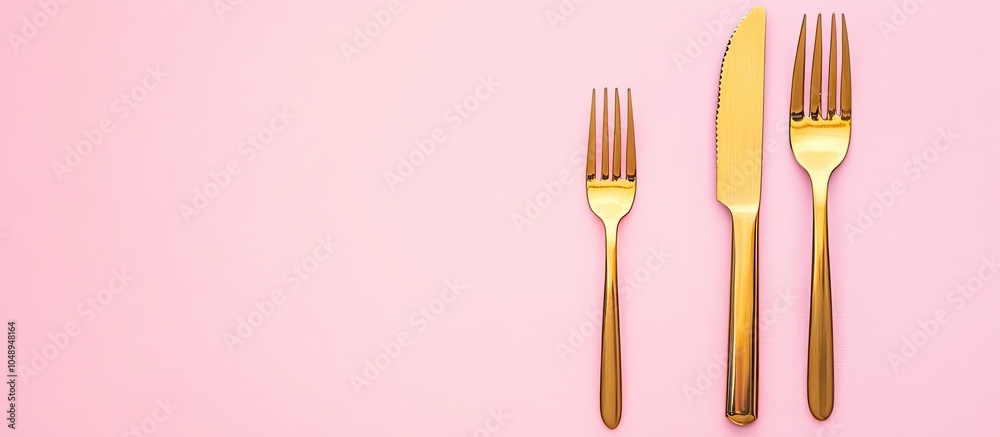 Aufkleber Top view of a golden knife and fork on a pink background. with copy space image. Place for adding text or design