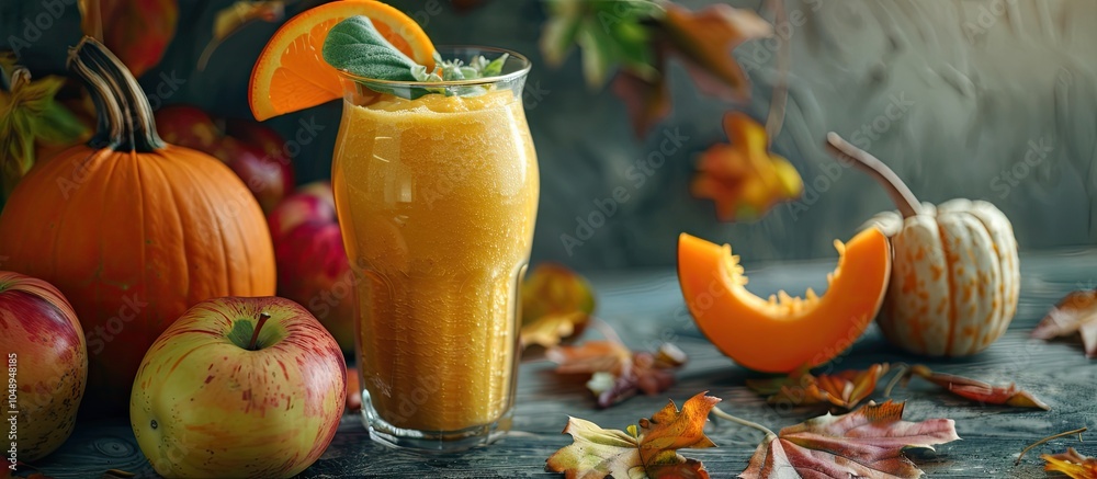 Leinwandbilder Close up view of an organic orange smoothie alongside fresh fruits and a pumpkin on a table. with copy space image. Place for adding text or design