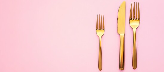 Top view of a golden knife and fork on a pink background. with copy space image. Place for adding text or design