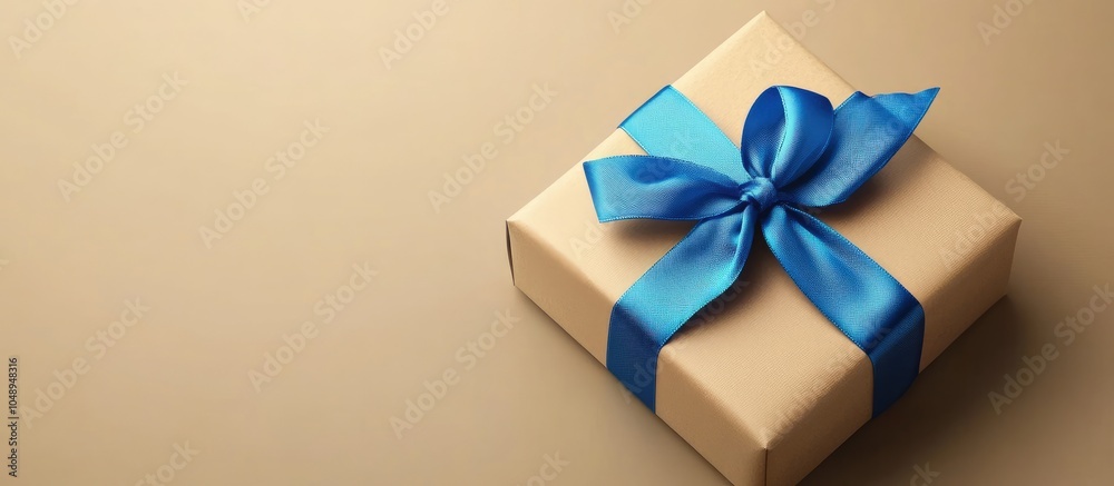 Poster A New Year gift box adorned with a blue ribbon There is empty space available for design. with copy space image. Place for adding text or design