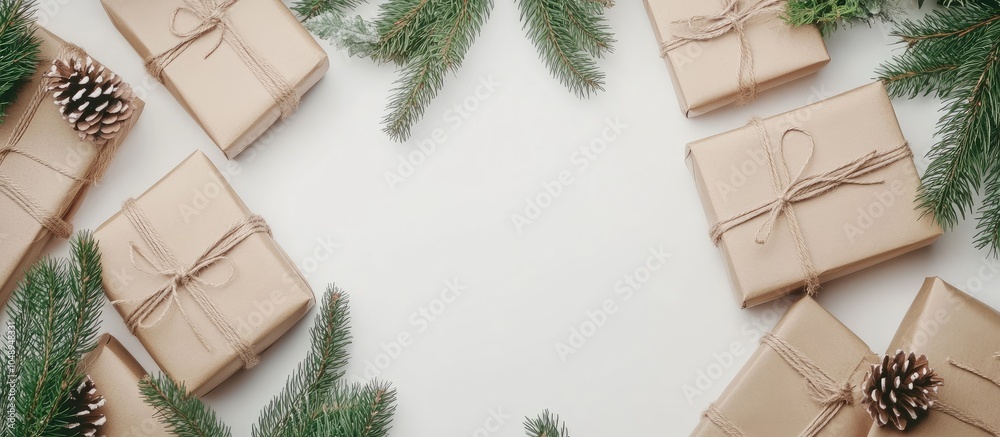 Poster christmas and new year flatlay of gift packaging gift boxes adorned with ribbons and twine laid out 