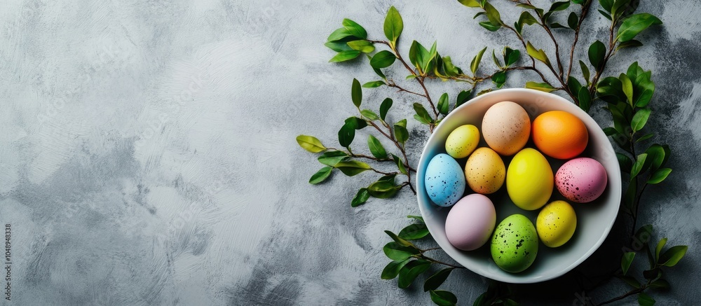 Poster easter table setting with colored eggs and boxwood leaves on a concrete surface featuring copy space