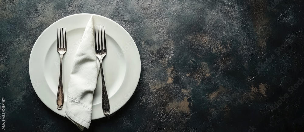 Poster White craft plate cutlery and napkin on a dark stone table Top view copy space table setting Background for a menu layout area for text recipe backdrop
