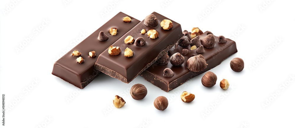 Fototapete milk and dark chocolate bars with hazelnuts isolated on white. with copy space image. place for addi