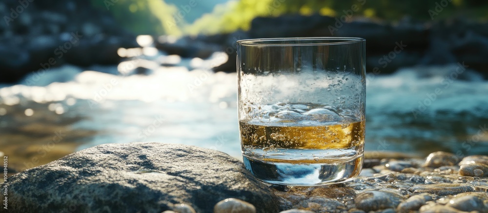 Poster Fresh water flowing into a glass on a stone by the river Room for text. with copy space image. Place for adding text or design