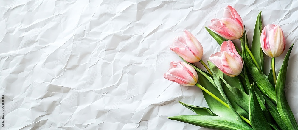 Poster A bouquet of pink tulips resting alone on a white Kraft paper background. with copy space image. Place for adding text or design