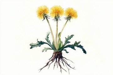 Obraz premium Watercolor Dandelion Plant with Yellow Blossoms Root and Leaves on White Background