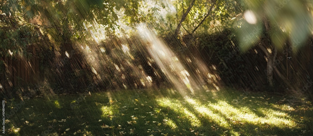 Poster blurred image of sunlight filtering through the leaves of trees in the yard. with copy space image. 