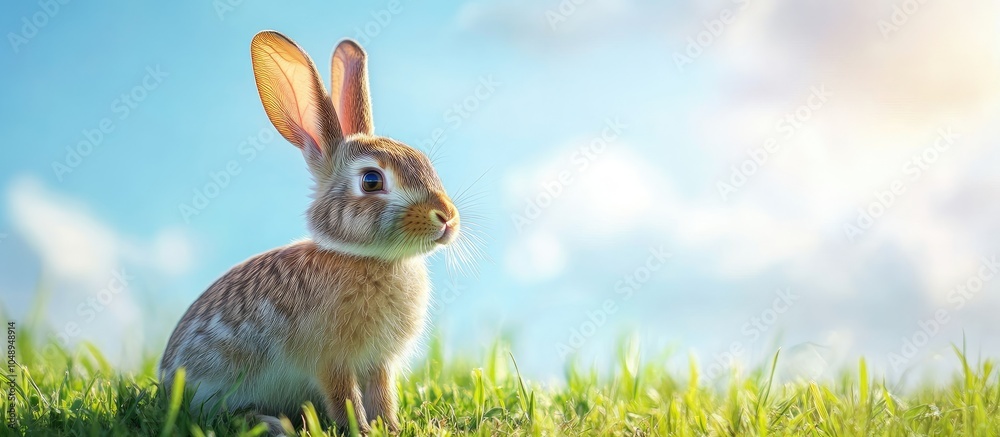 Poster Adorable brown rabbit on grass with a sky backdrop. with copy space image. Place for adding text or design