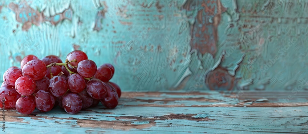 Fototapete red grape on aged blue wooden table. with copy space image. Place for adding text or design