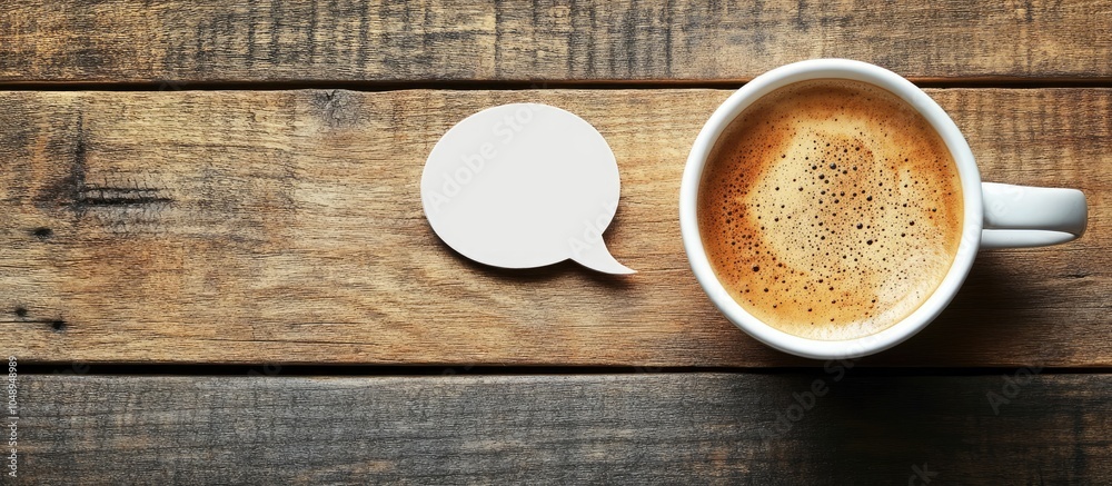 Poster Cup of coffee with a speech bubble on a wooden table. with copy space image. Place for adding text or design