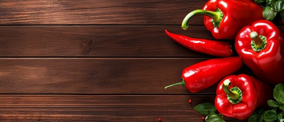  A red pepper arrangement on a wooden table with lettuce and other green veggies