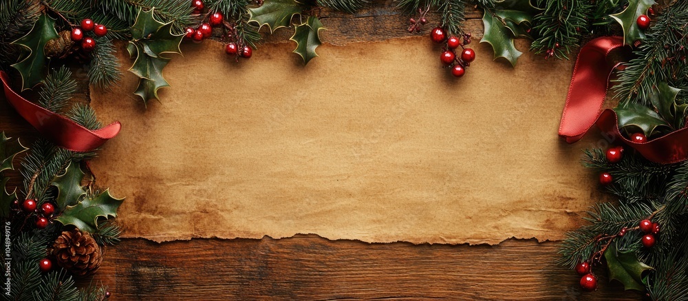Poster christmas background border featuring a merry christmas ribbon holly and winter greenery on parchmen
