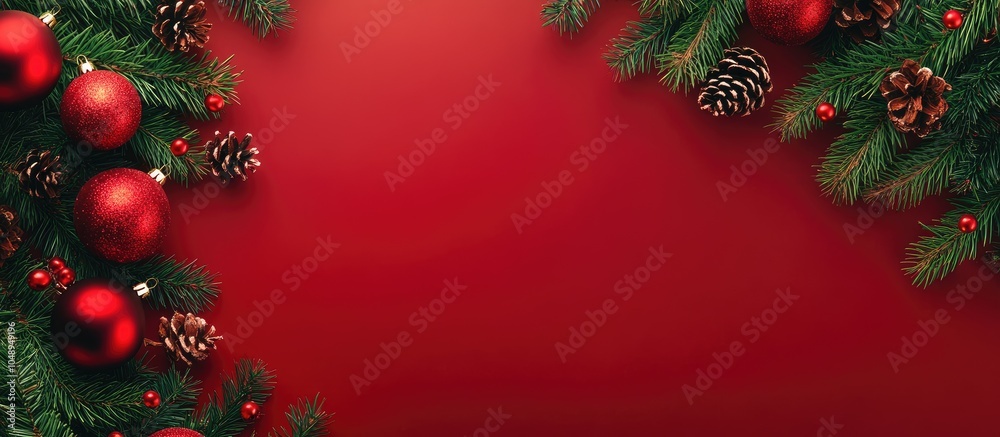 Poster christmas backdrop featuring fir branches and festive decorations top view copyspace for text