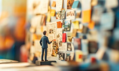 Obraz premium Man figurine points at colorful sticky note wall.