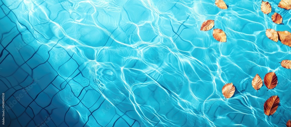Poster Top view of a blue swimming pool surface with reflections on the blue water swirl pattern texture and blue tiles Leaves in the murky water swimming pool is open Background backdrop with copyspace