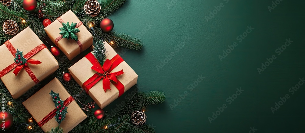 Poster Create gift boxes and presents adorned with Christmas decorations on a craft background. with copy space image. Place for adding text or design