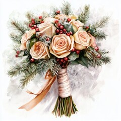 Obraz premium Winter Wedding Celebration: Romantic Bouquet on Antique Column, Watercolor Illustration