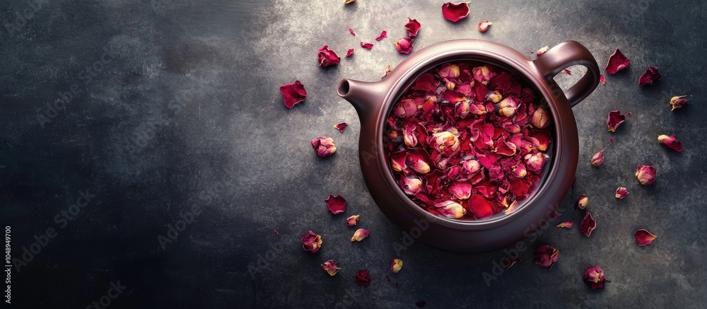 Aufkleber teapot containing a detox beverage made from dried red and pink rose flower buds tea. with copy spac