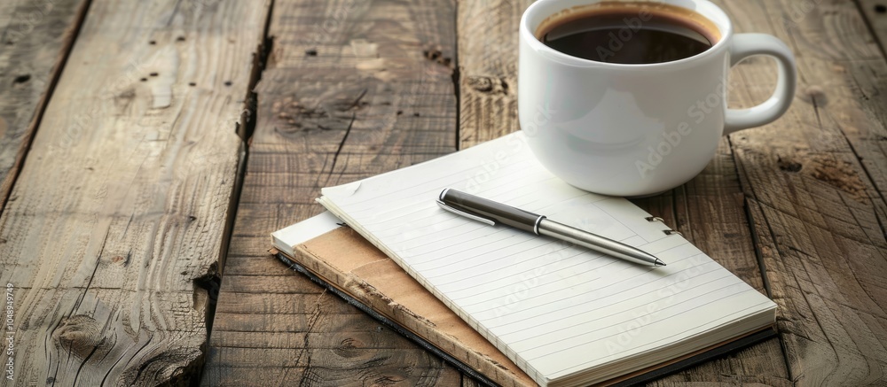 Poster Laptop notebook pen and hot coffee cup on a wooden table used for desk work. with copy space image. Place for adding text or design