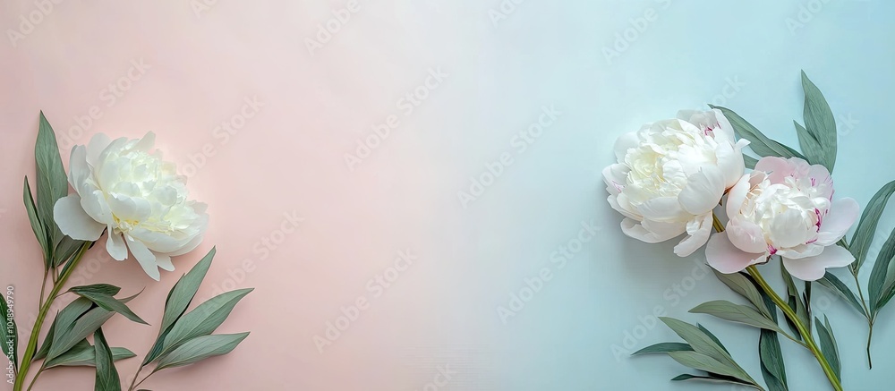 Poster blooming white peony flowers on a pastel colored paper backdrop with copyspace in a minimal style se