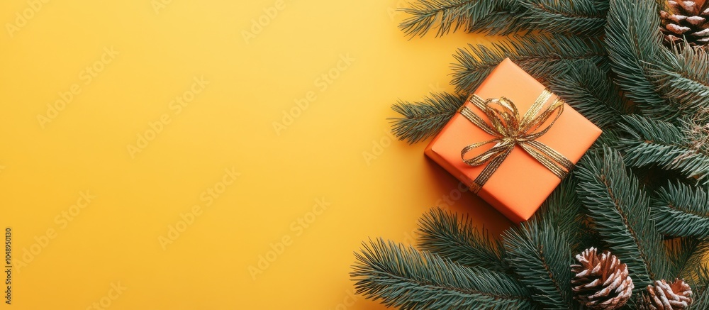 Poster Fir tree branches and a gift box against a yellow and orange background Top view flat lay. with copy space image. Place for adding text or design