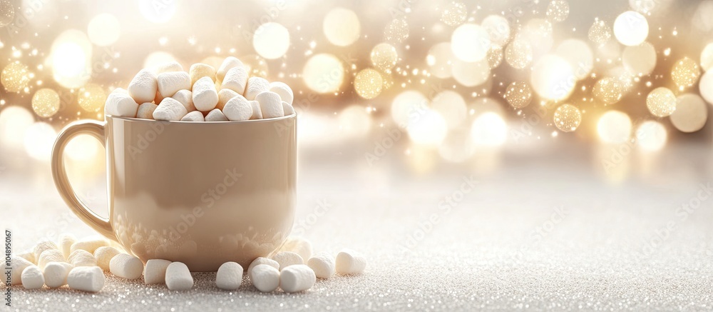 Poster mug filled with a hot beverage and mini marshmallows in a festive setting white background with copy