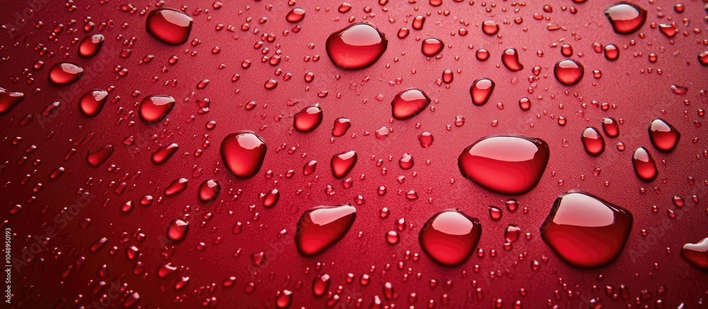 Poster Close up view of water droplets on a red background in horizontal orientation featuring copyspace Water Droplets on a Red Background