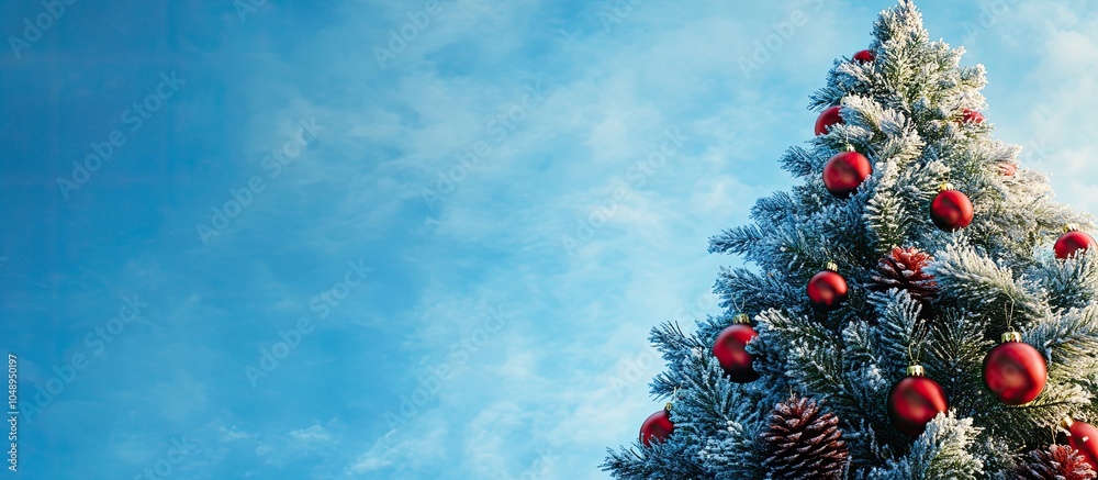 Poster adorned christmas tree set against a blue sky backdrop. with copy space image. place for adding text