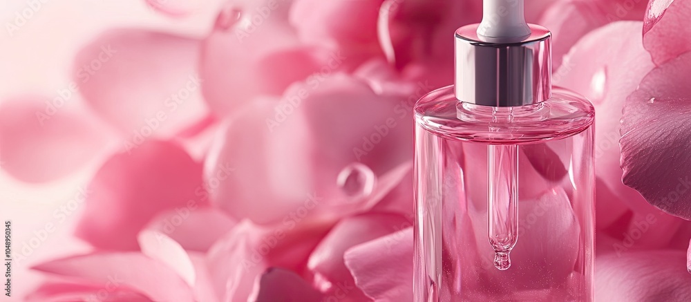 Poster mockup glass bottle with serum dropper set against a backdrop of pink rose petals. with copy space i